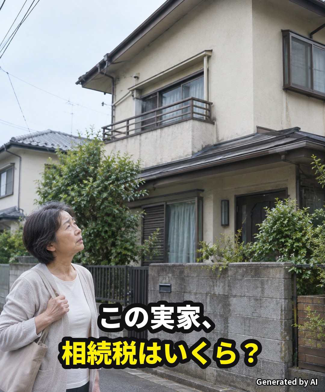 実家を相続した女性が家を見上げている。実家の相続税はいくらになるのか