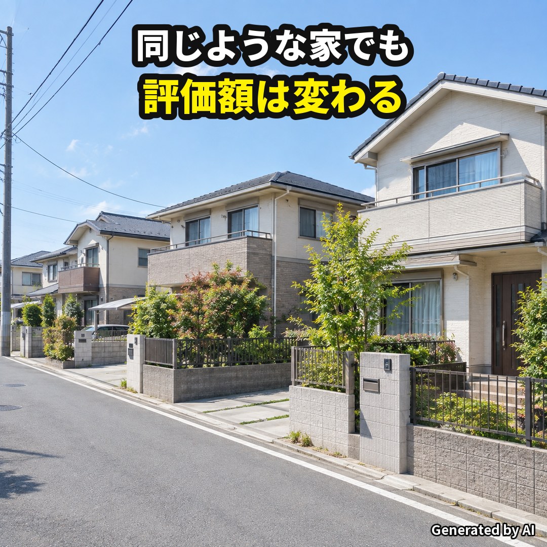 似たような一戸建てが並ぶ住宅街。同じような家でも評価額は変わる